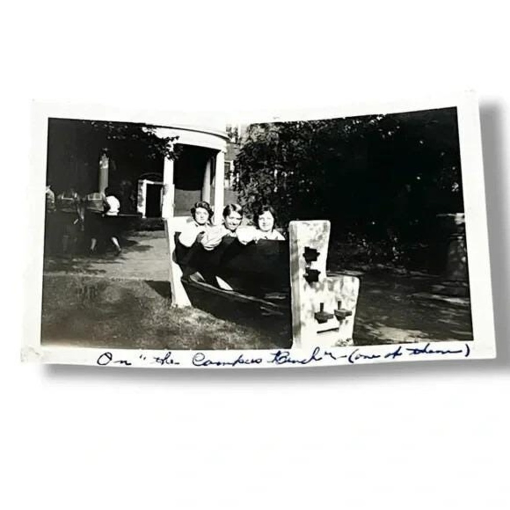 Three Girls Women on Campus Bench School Vintage Found Photo EBX